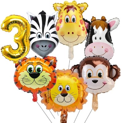 Giftzadda Solid 3rd Jungle Theme Animal Face Foil Balloon for Birthday Party Decoration of kids Balloon(Multicolor, Pack of 7)