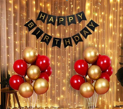 DEQUERA Solid 32 Pieces Combo of Happy Birthday Banner with LED lights & Metallic Rubber Balloon(Gold, Red, Pack of 32)