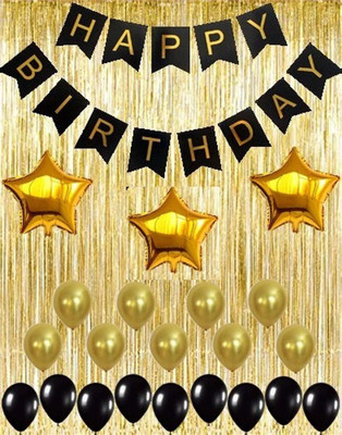 TRISHRA Solid Gold Metallic Fringe Shiny Curtains Black Happy Birthday Banner with Latex and Star Foil Balloons Decoration Kit Balloon(Gold, Black, Pack of 50)