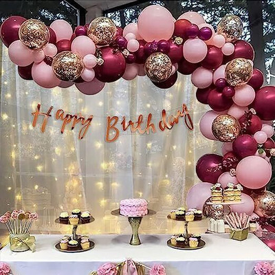 PARTY MIDLINKERZ Solid Girl Pink Burgandy Birthday Kit with White Net Curtain Cloth and LED Lights Balloon(Multicolor, Pack of 75)
