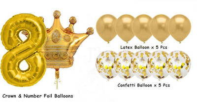 Tejal Trader Solid 8 Digit Number foil Balloon with Crown Foil, Confetti and Latex Balloon Balloon(Gold, Pack of 12)