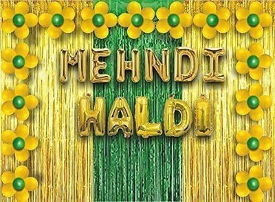 SKYWINS Solid Haldi Mehndi Decoration Balloons Combo,Foil Balloons,Curtain Mehndi Balloon(Green, Yellow, Pack of 57)