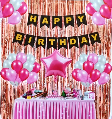 AtoZ Solid 13 Pcs Golden Black HB Banner/20 Pcs Mylar Balloons/2 Foil Curtains/1 Foil Star Balloon(Pink, White, Pack of 37)