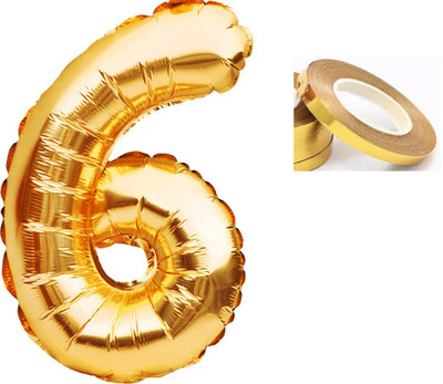 PARTY MIDLINKERZ Solid Golden '6' number Numerical Foil Balloon with Ribbon for Celebration (Gold, Pack of 2)(Set of 2)
