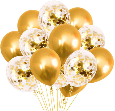 House of Propz Solid Combo Of Chrome Golden Balloons Set of 10 With Golden Confetti Balloons Set Of 5 Balloon(Gold, Pack of 15)