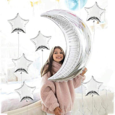 SOI Solid Moon & Star Foil Balloons Combo (Silver), Large (Foil-StarMoon) Balloon(Silver, Pack of 7)