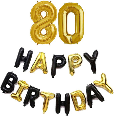 kinegic Solid 80th Birthday Decorations Combo – Happy Birthday and 80 Number Foil Balloon Set Letter Balloon(Gold, Black, Pack of 15)