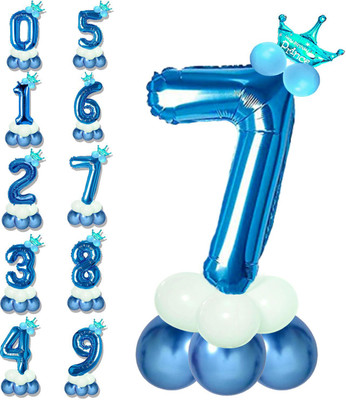 Party Parindey Solid Birthday/Anniversary Decoration Pastel Balloons,Crown,7 Number Foil Balloons Set Balloon(Blue, Pack of 14)