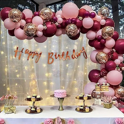 PARTY MIDLINKERZ Solid Girl Pink Burgandy Birthday Kit with White Net Curtain Cloth and LED Lights Balloon(Multicolor, Pack of 75)