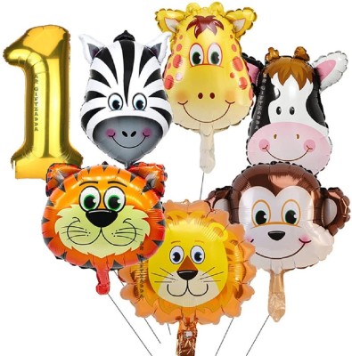 Giftzadda Printed 1st Jungle Theme 7 Pcs Lion Monkey Zebra Tiger Cow Giraffe Animal Foil Balloon Balloon(Multicolor, Pack of 7)