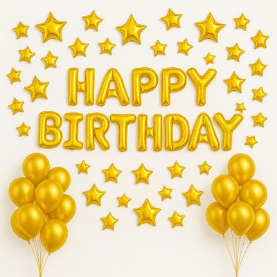 BALAJI BLESSINGS EVENTS Solid Golden Foil Happy Birthday Decoration Set with Star and Latex Balloons Balloon(Gold, Pack of 26)