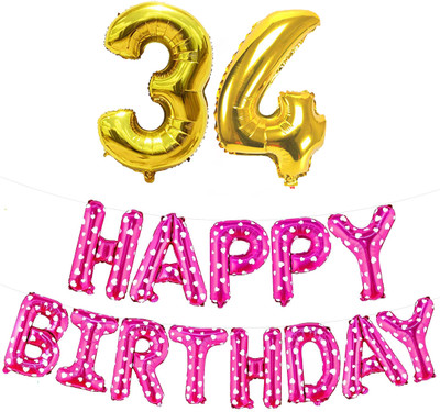 kinegic Solid 34th Birthday Decorations Combo – Happy Birthday and 34 Number Foil Balloon Set Letter Balloon(Pink, Pack of 15)