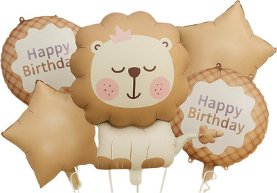 Bash N Splash Printed Jungle Animal Cute Lion Theme Foil Balloon Set Birthday Party Decoration Balloon Bouquet(Beige, Pack of 5)