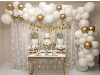 flipmate Solid White and Gold HBD Combo Kit with white net and Light SET OF 67 (Set of 67) Airwalker(Multicolor, Pack of 67)