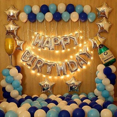GIFTELLA Solid Blue, Sky Blue & White Balloons with Happy Birthday with Champine Bottle & Glass Balloon(Blue, White, Silver, Pack of 119)