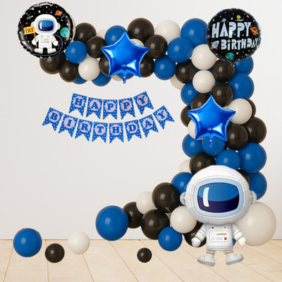 GIFTELLA Solid Astronaut balloon set with happy birthday banner & foil balloons space theme Balloon(Black, Blue, White, Pack of 107)