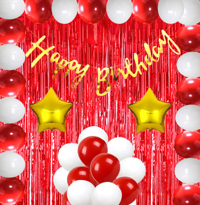 kinegic Solid Happy Birthday Balloons Decoration kit with Foil Curtain & Metallic Balloons Set Balloon(Red, Pack of 35)