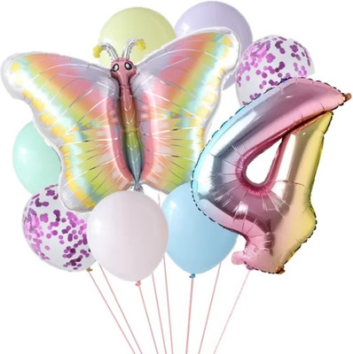 Bash N Splash Printed 4th Birthday Helium Quality Rainbow Butterfly & Number Birthday Party Decoration Balloon(Multicolor, Pack of 10)