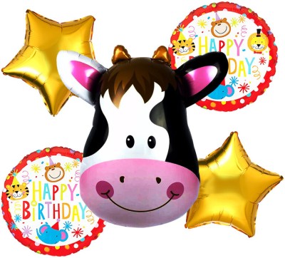 Choice Corner Printed Happy Birthday Jungle Safari Cow Face Kids Birthday Theme Party Decoration Foil Balloon(Multicolor, Pack of 5)