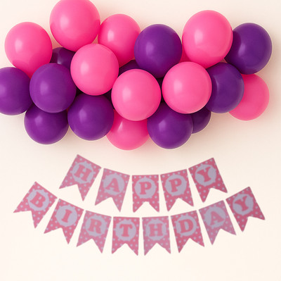 GIFTELLA Solid 1 pc Pink Happy Birthday Banner with 20 pc Pink and Purple Latex Balloon(Pink, Purple, Pack of 21)