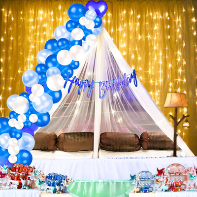 1iAM Printed Happy Birthday Decoration Items - Cursive Banner, Net, Rice Light, Glue Dots, 43 Balloon(Blue, White, Pack of 45)