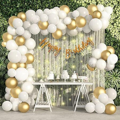 BRIJBAZAAR Solid happy Birthday Decoration Items White And Golden with net led light Balloon(Multicolor, Pack of 69)