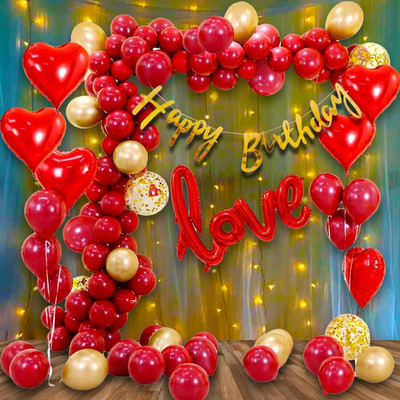 PARTY MIDLINKERZ Solid Red Love Happy Birthday Decoration, 1st Birthday - 61 Pcs Birthday Husband/Wife Balloon(Gold, Red, Pack of 62)
