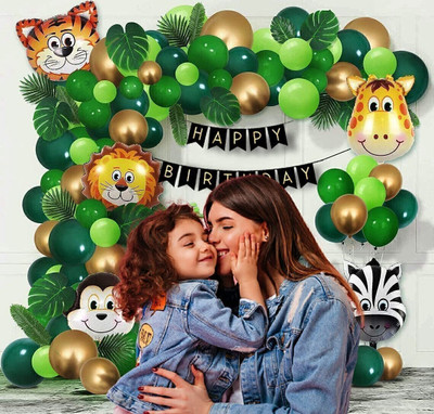 DD Enterprises Printed Jungle Theme B'day Decoration for Kid Party Animal Face Balloon Chrome Balloon Balloon(Multicolor, Pack of 77)