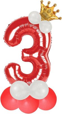 Party Parindey Solid Number 3 Foil Balloon with Crown 32 Inch 3rd Birthday Decoration for Girls Letter Balloon(Red, Pack of 14)