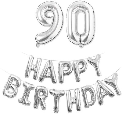 kinegic Solid 90th Birthday Decorations Combo – Happy Birthday and 90 Number Foil Balloon Set Letter Balloon(Silver, Pack of 15)