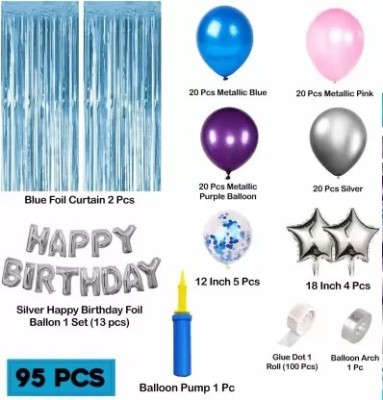 prihek Solid Birthday Decoration Theme- 95Pieces set of Blue,Purple,Pink,Silver colours Balloon(Blue, Pink, Purple, Silver, Pack of 95)