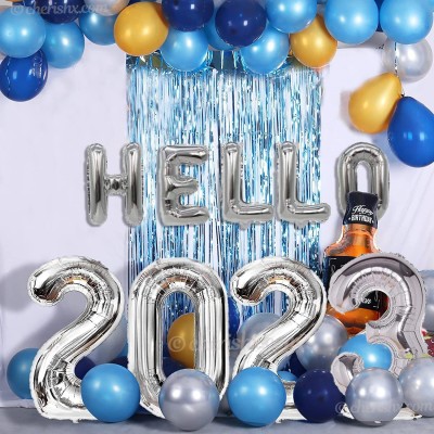 CherishX.com Solid Blue New Year Decoration Items 2022 - Pack of 47 Pcs - Hello & 2022 Foil , Whiskey & Metallic Balloons for Room Decoration Balloon Bouquet(Multicolor, Pack of 47)