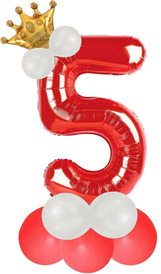 Party Bird Solid Number 5 Foil Balloon with Crown 32 Inch 5th Birthday Decoration for Girls Balloon(Red, Pack of 14)