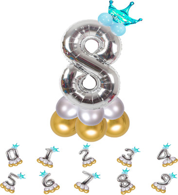 Bubble Bells Solid Pastel Balloons,Crown,8 Number Foil Balloons Set Birthday/Anniversary Decoration Letter Balloon(Silver, Pack of 14)