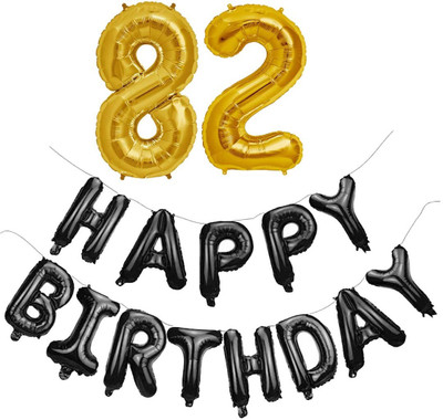kinegic Solid 82nd Birthday Decorations Combo – Happy Birthday and 82 Number Foil Balloon Set Letter Balloon(Black, Pack of 15)