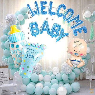 PRIMERISE Printed Welcome Baby Decoration Kit For 44 Foil Baloons Baby Foot Bottle Shape For Kids Balloon(Blue, White, Pack of 44)