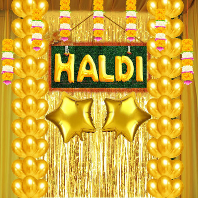 LOONS PEDDLER Solid Golden Yellow Balloons, Haldi Foil, Star Foil, Haldi Decoration Set for Wedding Balloon(Yellow, Pack of 49)
