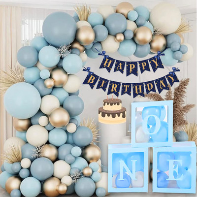Fun Town Solid Letter One Blue Balloon Box 1st Birthday & Anniversary Decoration Reusable Balloon(Blue, Pack of 34)