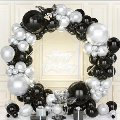 R G ACCESSORIES Solid Black Silver Balloons Garland Decoration Kit With Arch Pack Of 50 Balloon(Black, Silver, Pack of 50)