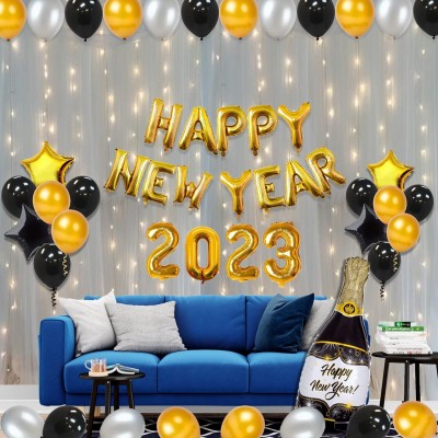 CherishX.com Solid Black and Gold New Year Decoration Items - Pack of 48 Pcs - Happy New Year 2022 Foil, Star Shape, Light, Star Shape, Champagne Bottle, Metallic & Latex Balloons for Room Decoration Balloon Bouquet(Multicolor, Pack of 48)