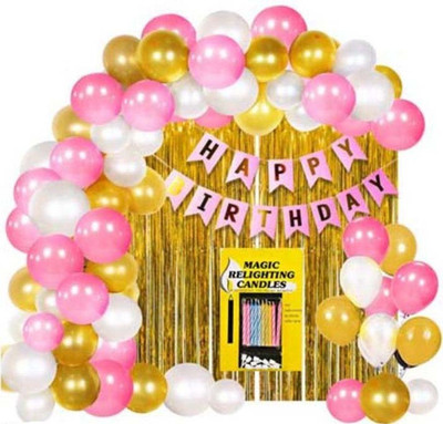Trendz decor 1 Happy Birthday+2 Gold Curtain+ 30 Balloons Gold,White,Pink+1 Free Gift Candle(Set of 34)
