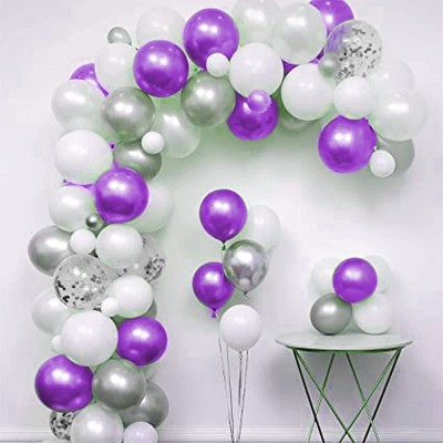 DEQUERA Solid Purple & White Metallic Shiny Balloons and Silver Confetti Balloons For Birthday Balloon(Purple, Silver, White, Pack of 50)