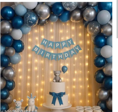 flipmate Solid Blue & Silver Teddy Theme Birthday Decoration Kit with Balloons Airwalker(Multicolor, Pack of 51)