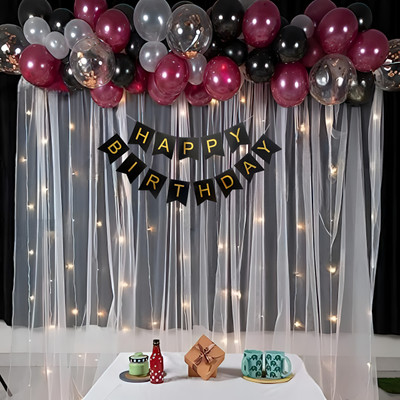 Balloon&You Solid MAROON BIRTHDAY DECORATION COMBO WHITE NET CURTAIN WITH LED LIGHT Balloon(Maroon, Pack of 35)