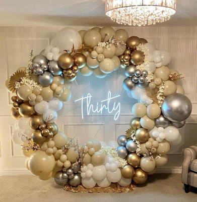 R G ACCESSORIES Solid Brown White Golden Silver Balloons Garland Decoration Kit With Arch Pack Of 50 Balloon(Brown, White, Gold, Silver, Pack of 50)