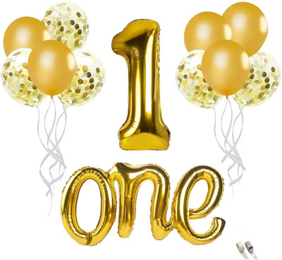 Tejal Trader Solid Gold Party Balloon Kit – No. 1, Letter Foil, Latex Balloons & Confetti Balloon Bouquet(Gold, Pack of 12)