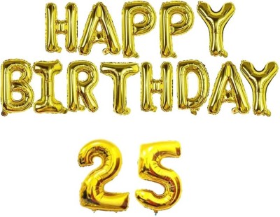 SEENU Solid 25th Gold Number Foil Balloon & Happy Birthday Foil Balloon Set Letter Balloon(Gold, Pack of 15)