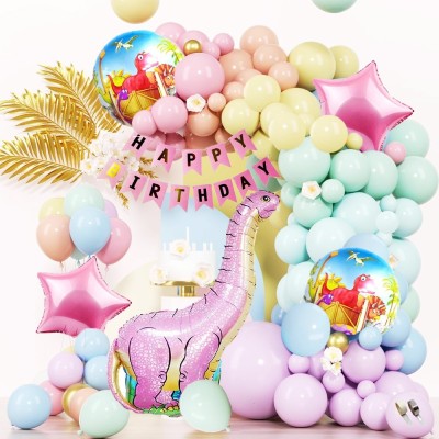 PopTheParty Printed Pink dinosaur jungle theme for birthday decoration Balloon(Multicolor, Pack of 58)