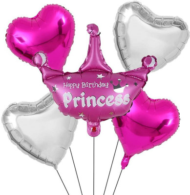 Tejal Trader Printed Happy Birthday Princess Theme Foil Balloon Pink, Silver for Girls Pack of 5 Balloon(Pink, Silver, Pack of 5)