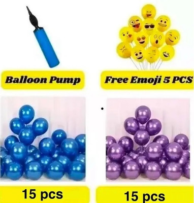 PARTY GLITERS Solid Set of 30pcs Blue & Purple Metallic Balloons, Pump & Free Emoji Balloons 5 pcs Balloon(Blue, Purple, Pack of 36)